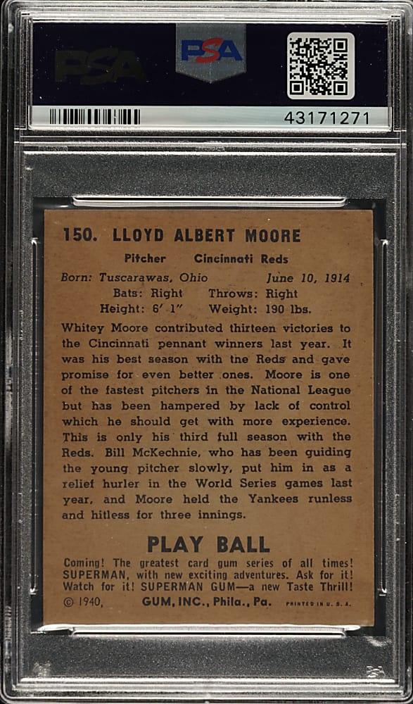 1940 R335 Play Ball #150 Whitey Moore PSA NM 7