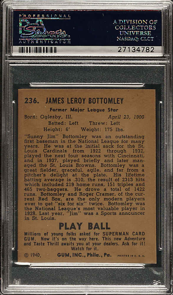 1940 R335 Play Ball #236 Jim Bottomley PSA EX-MT 6