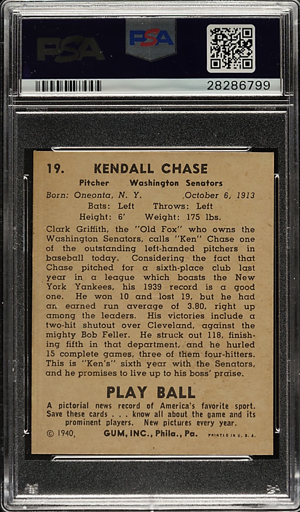 1940 R335 Play Ball #19 Ken Chase PSA NM 7