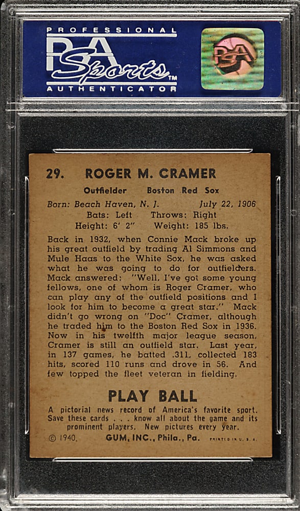 1940 R335 Play Ball #29 Doc Cramer PSA NM 7