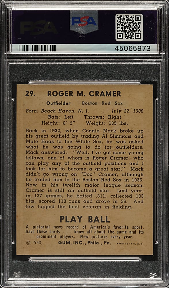 1940 R335 Play Ball #29 Doc Cramer PSA NM 7