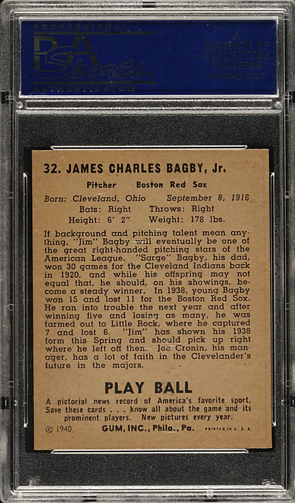1940 R335 Play Ball #32 Jim Bagby PSA NM 7
