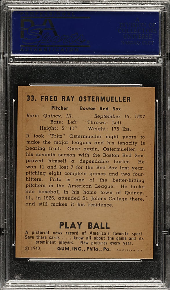 1940 R335 Play Ball #33 Fritz Ostermueller PSA NM 7