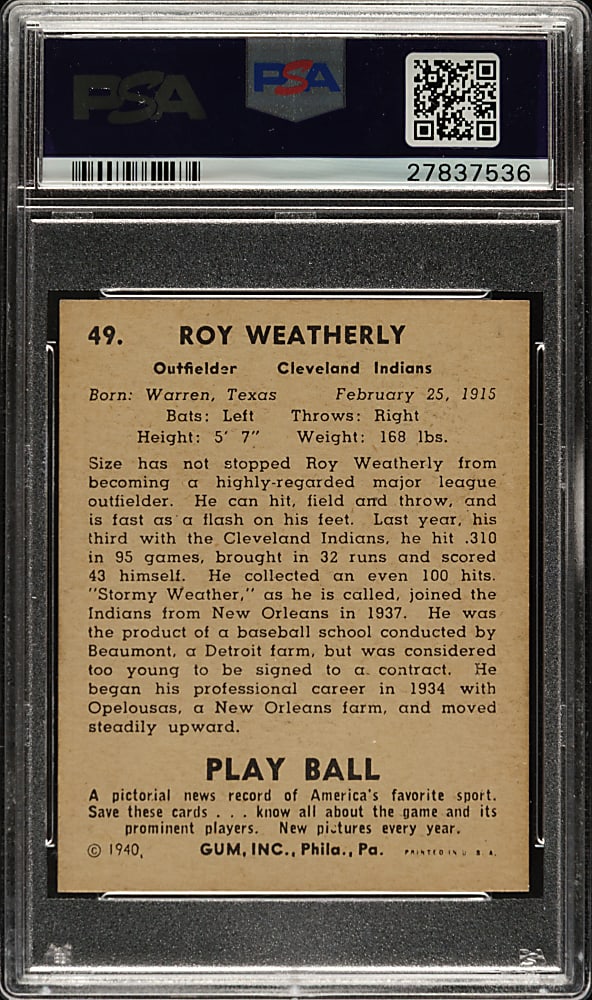 1940 R335 Play Ball #49 Roy Weatherly PSA NM 7
