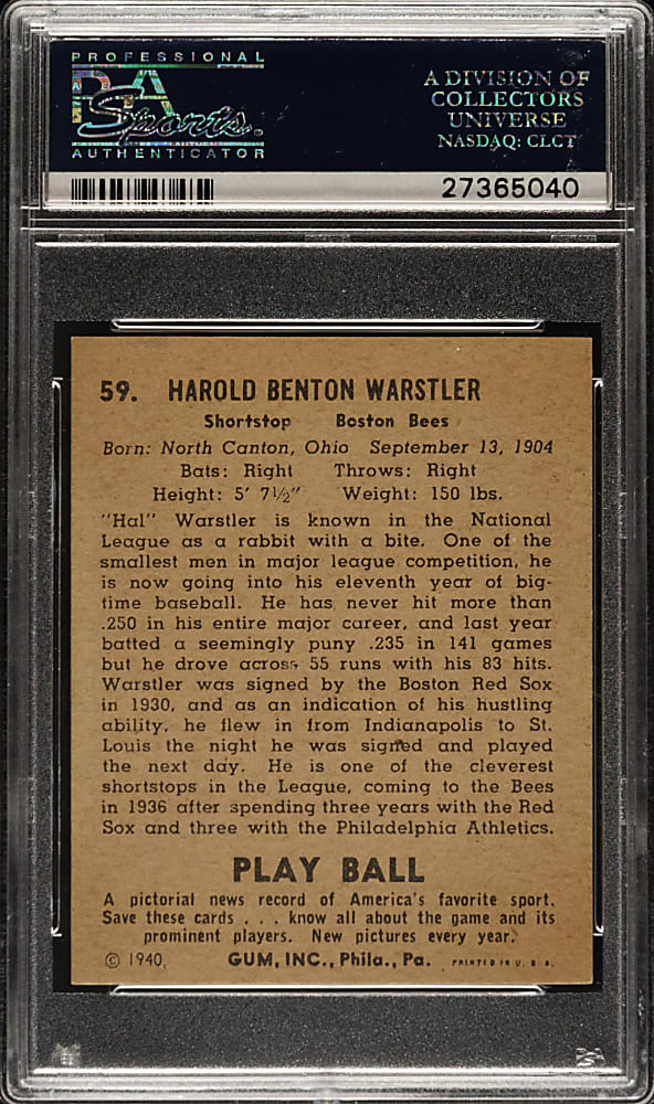 1940 R335 Play Ball #59 Rabbit Warstler PSA NM 7