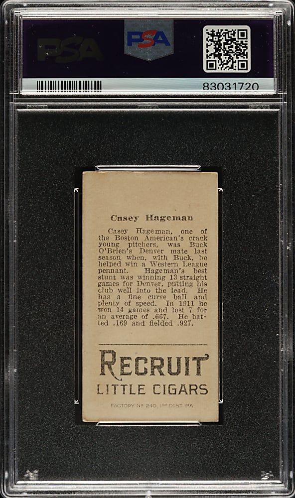 1912 T207 Brown Background Casey Hageman PSA VG-EX 4