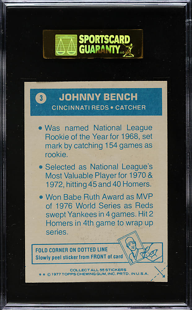 1977 Topps "Cloth Stickers" #3 Johnny Bench SGC NM/MT+ 92