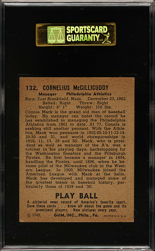 1940 R335 Play Ball #132 Connie Mack SGC EX/NM 80
