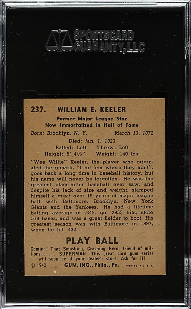 1940 R335 Play Ball #237 Willie Keeler SGC NM 7