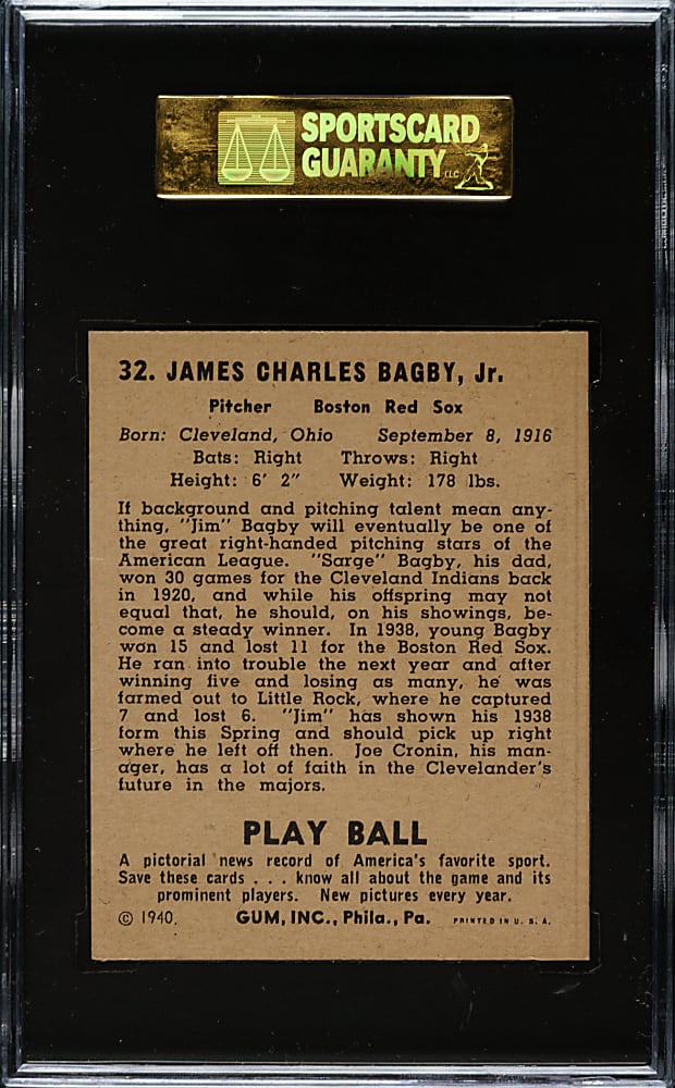 1940 R335 Play Ball #32 Jim Bagby SGC NM 84 (Lionel Carter Collection)