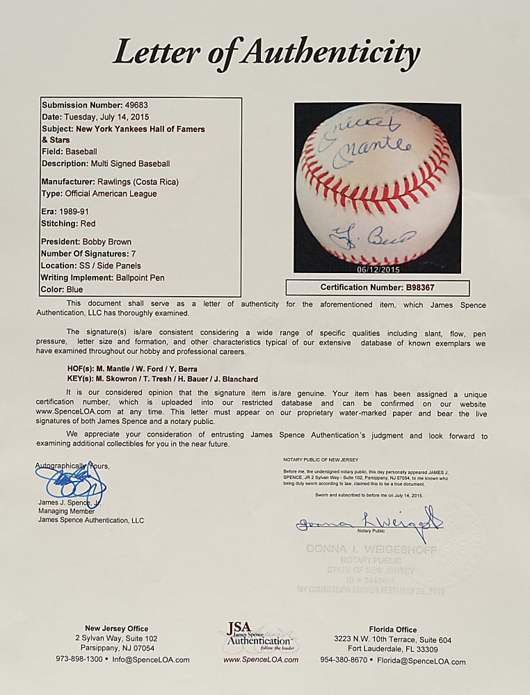 New York Yankees Hall of Fame and Stars Multi-Signed Baseball with Mickey Mantle, Whitey Ford and Yogi Berra - JSA
