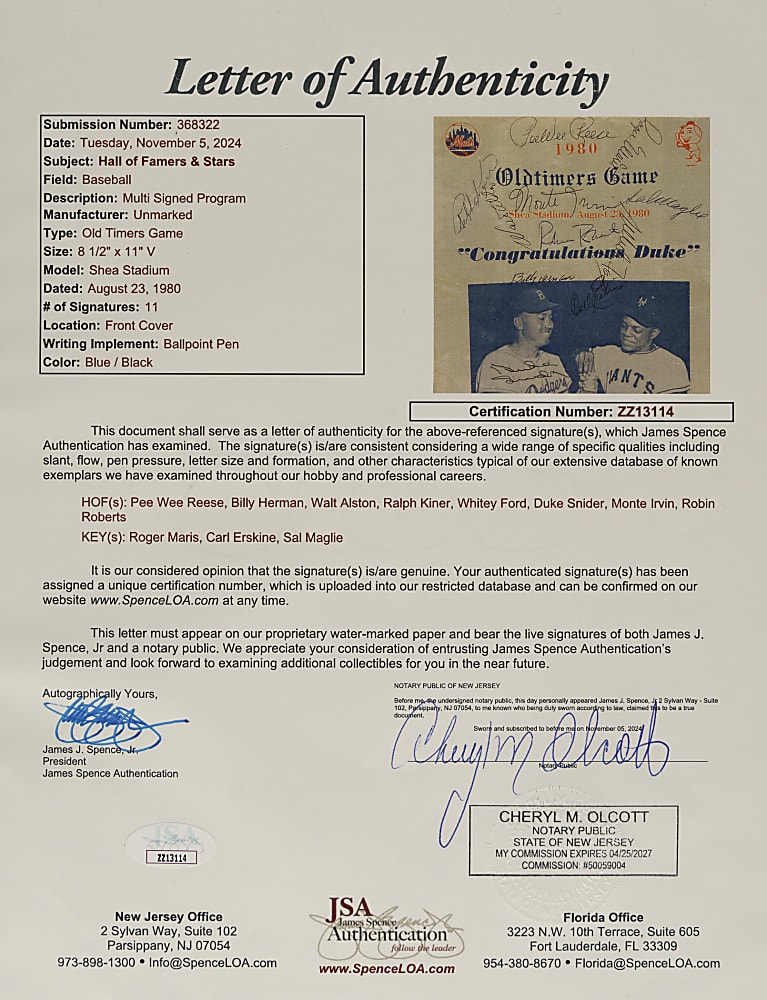 1980 New York Mets Oldtimers Game Multi-Signed Program with Maris, Reese, and Snider - JSA