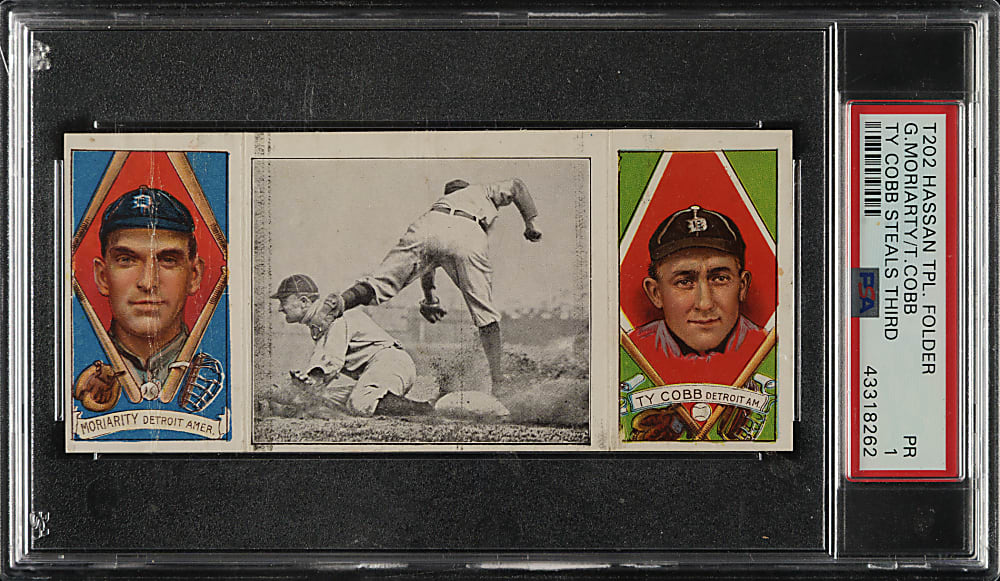 1912 T202 Hassan Triple Folder "Ty Cobb Steals Third" Ty Cobb/Moriarty PSA POOR 1
