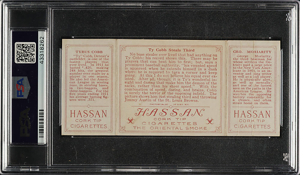 1912 T202 Hassan Triple Folder "Ty Cobb Steals Third" Ty Cobb/Moriarty PSA POOR 1