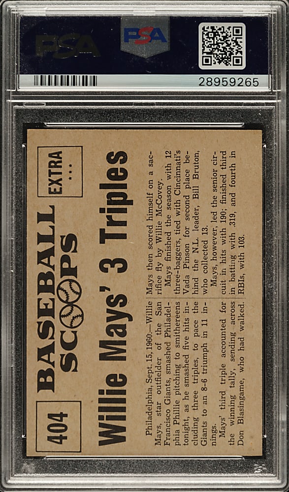 1961 Nu-Card "Baseball Scoops" #404 Willie Mays' 3 Triples Paces Giants' Victory PSA NM 7