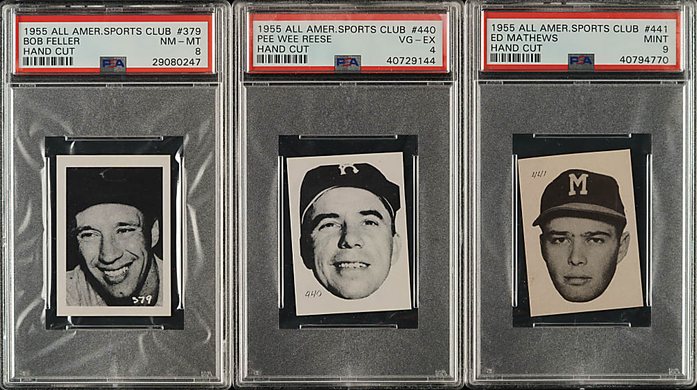 1955 All American Sports Club PSA-Graded Trio: Bob Feller, Pee Wee Reese and Ed Mathews