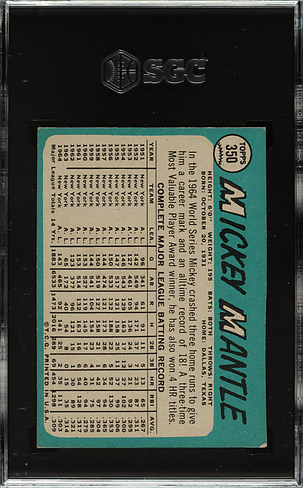 1965 Topps #350 Mickey Mantle SGC EX 5