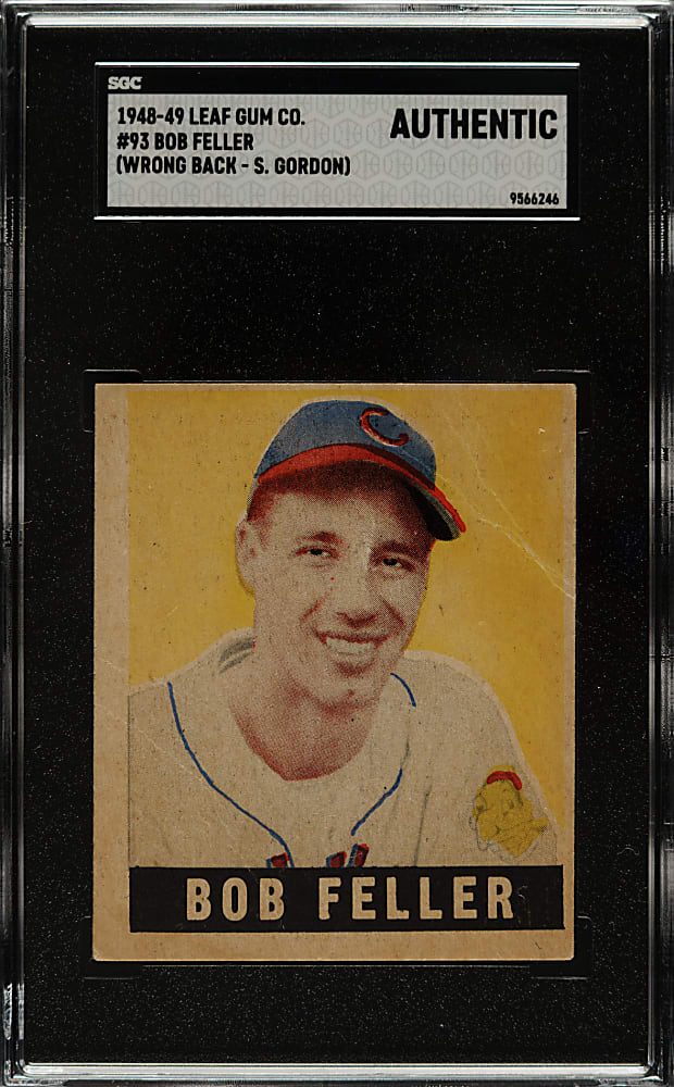 1948-1949 Leaf #93 Bob Feller Short Print SGC Authentic - Wrong Back - #131 Sid Gordon