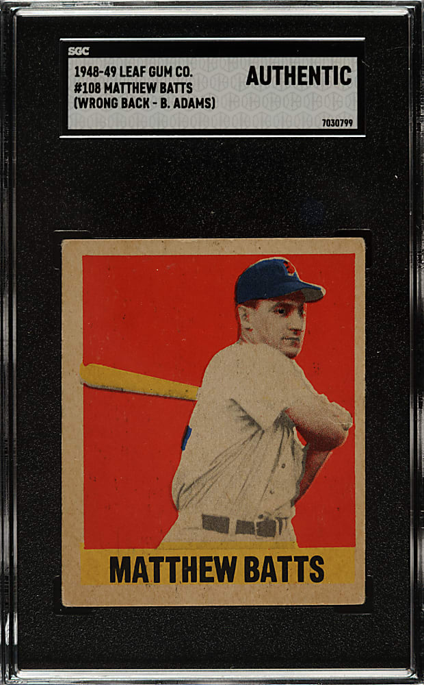 1948-1949 Leaf #108 Matthew Batts Short Print SGC Authentic - Wrong Back - #54 Bobby Adams