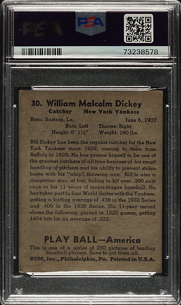 1939 Play Ball #30 Bill Dickey PSA VG 3