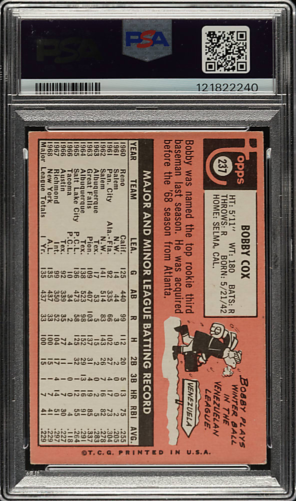 Signed 1969 Topps #237 Bobby Cox PSA/DNA MINT 9