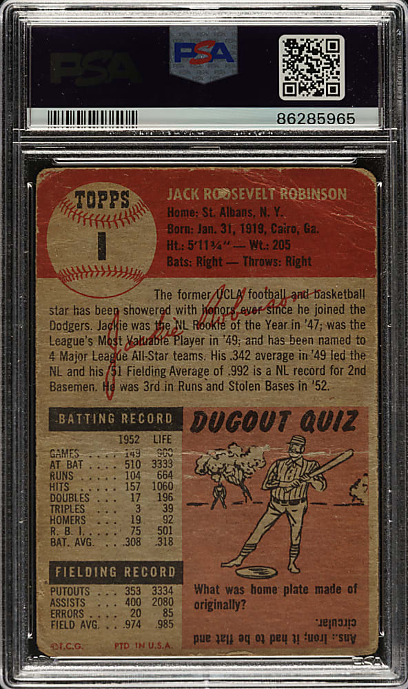 1953 Topps #1 Jackie Robinson PSA POOR 1