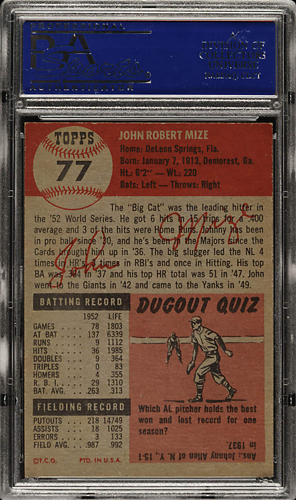 1953 Topps #77 Johnny Mize PSA NM-MT 8