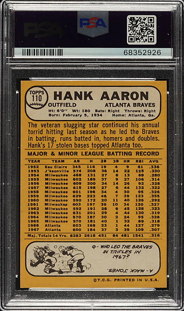 1968 Topps #110 Hank Aaron PSA NM-MT 8