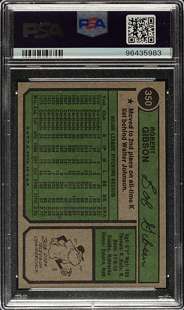 1974 Topps #350 Bob Gibson PSA MINT 9