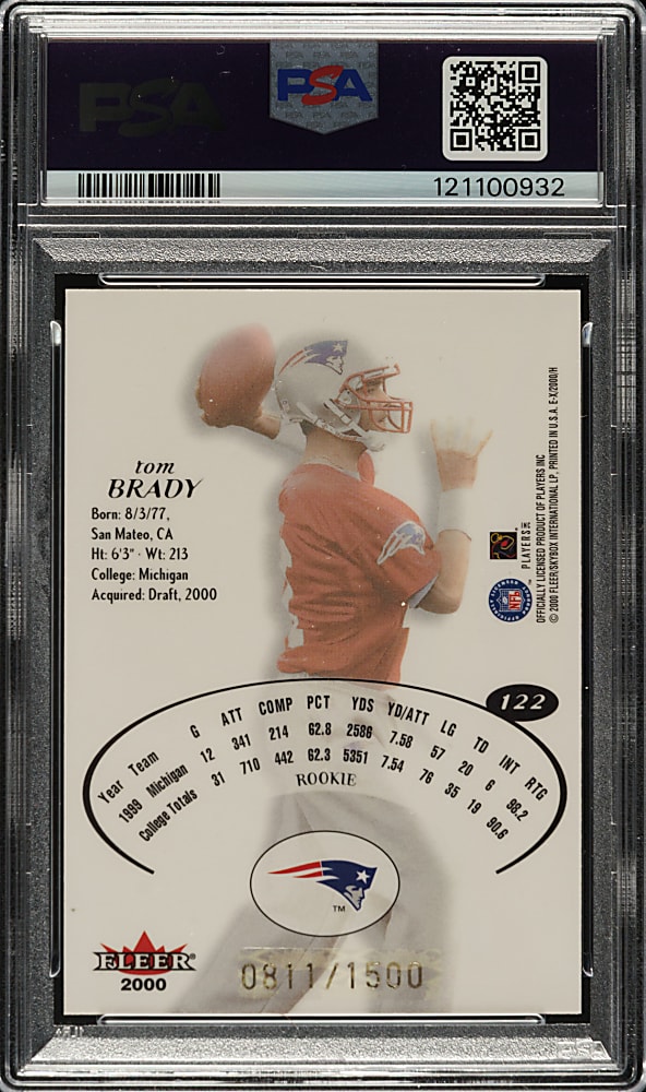 2000 Fleer E-X Football #122 Tom Brady Rookie #811/1,500 PSA NM-MT 8