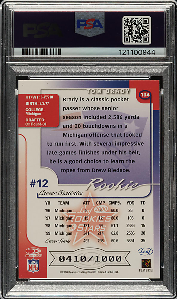 2000 Leaf Rookies & Stars #134 Tom Brady Rookie #410/1,000 PSA EX-MT 6