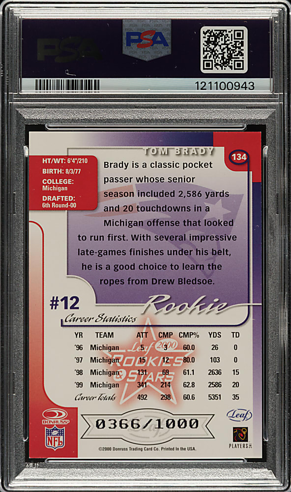 2000 Leaf Rookies & Stars #134 Tom Brady Rookie #366/1,000 PSA NM 7