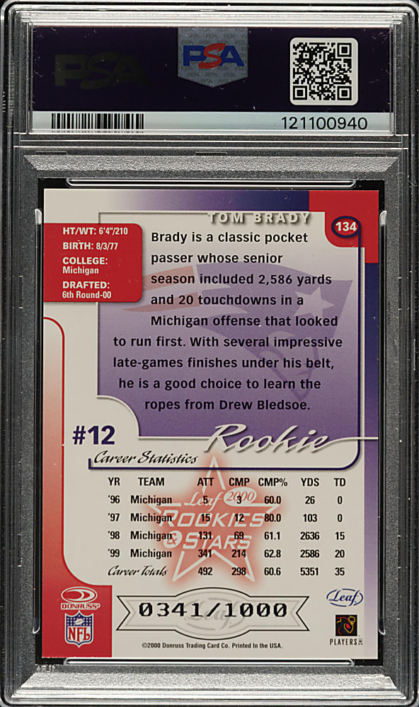 2000 Leaf Rookies & Stars #134 Tom Brady Rookie #341/1,000 PSA NM 7