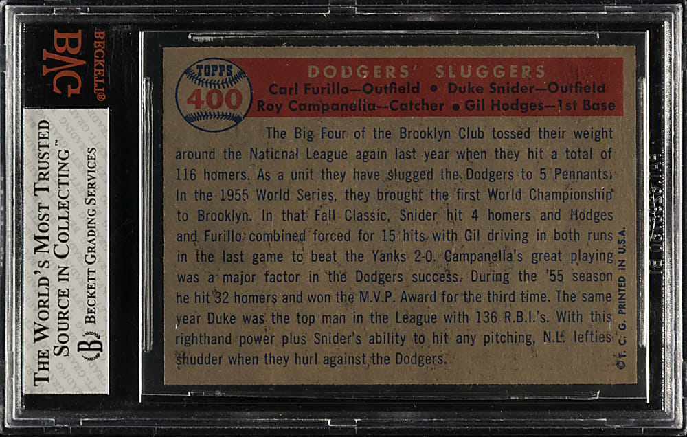 1957 Topps #400 Dodgers' Sluggers with Hodges, Campanella, and Snider BVG NM+ 7.5