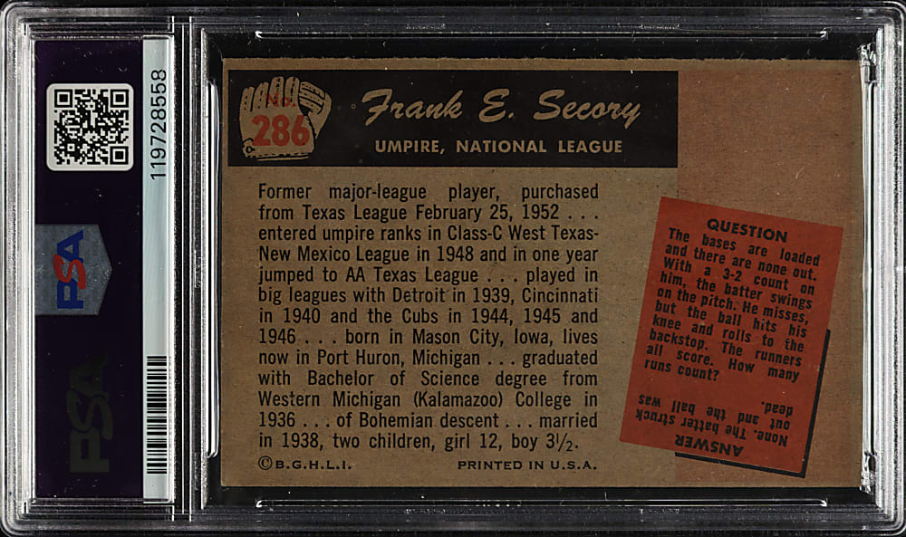 1955 Bowman #286 Frank Secory PSA NM 7