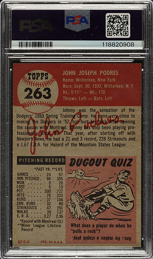 1953 Topps #263 Johnny Podres Rookie PSA EX+ 5.5