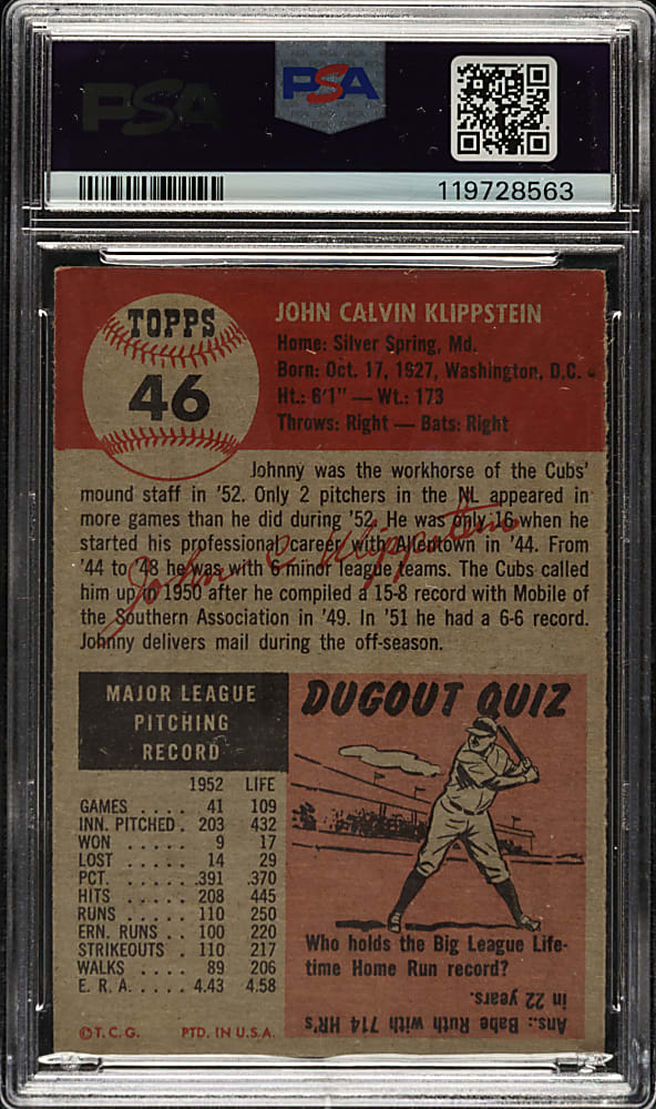 1953 Topps #46 Johnny Klippstein PSA EX-MT 6