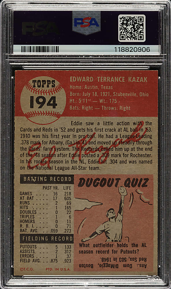 1953 Topps #194 Eddie Kazak PSA NM 7