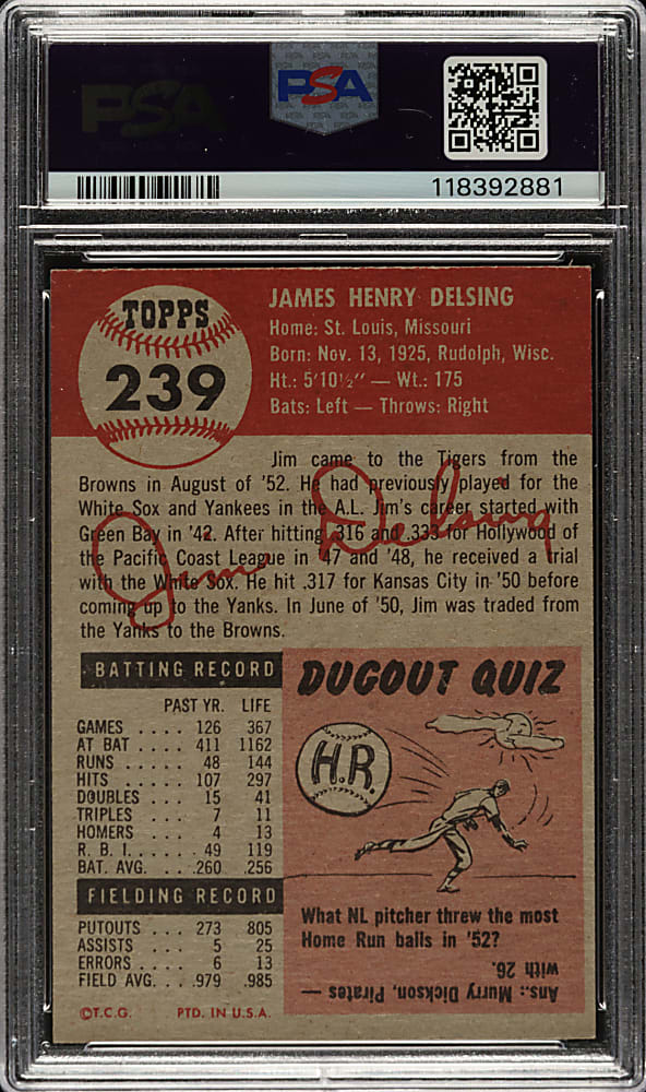 1953 Topps #239 Jim Delsing PSA NM 7