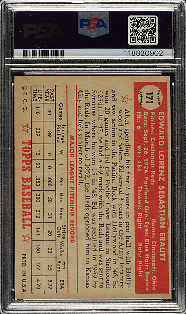 1952 Topps #171 Ed Erautt PSA EX-MT 6