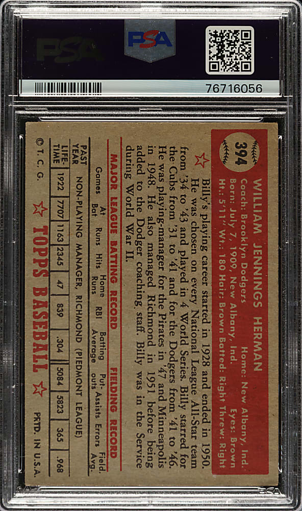 1952 Topps #394 Billy Herman High Number PSA VG-EX 4
