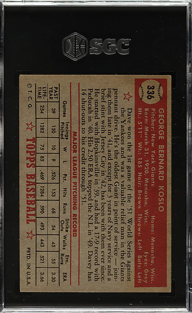 1952 Topps #336 Dave Koslo High Number SGC EX 5