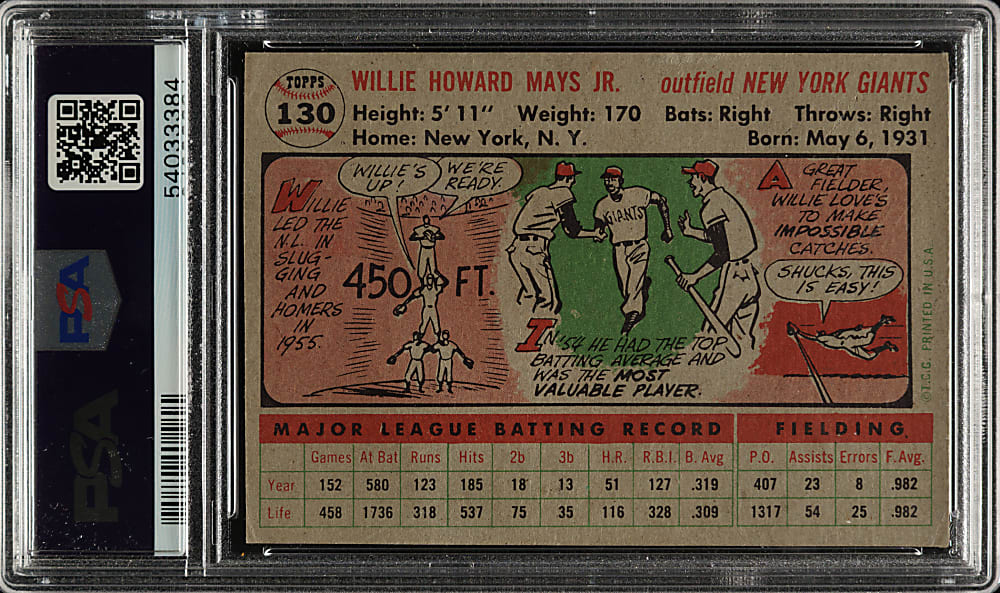 1956 Topps #130 Willie Mays Gray Back PSA VG-EX 4