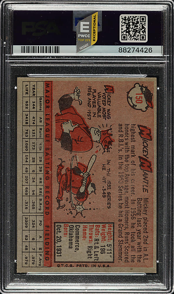 1958 Topps #150 Mickey Mantle PSA VG 3
