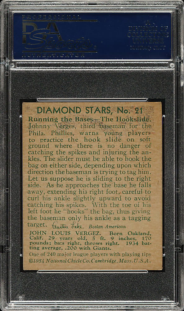 1934-1936 R327 Diamond Stars #21 Johnny Vergez (1935 Green Back) PSA EX 5