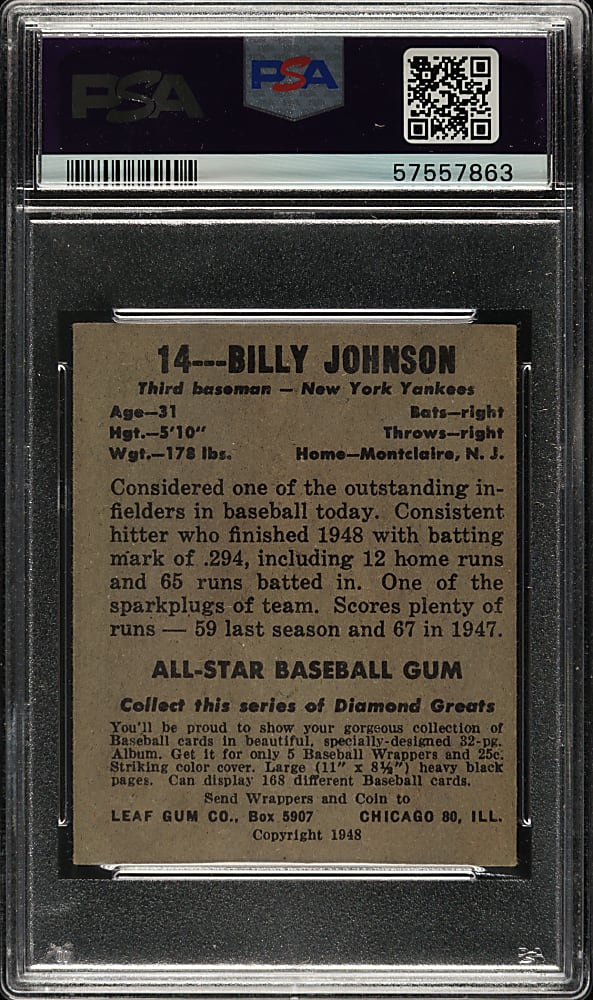 1948-1949 Leaf #14 Billy Johnson PSA EX-MT 6