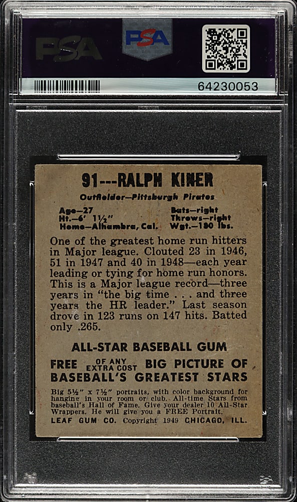 1948-1949 Leaf #91 Ralph Kiner Rookie PSA VG-EX 4
