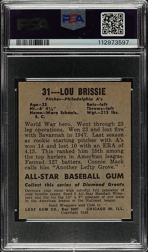 1948-1949 Leaf #31 Lou Brissie PSA EX-MT 6