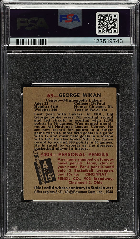 1948 Bowman Basketball #69 George Mikan Rookie PSA VG-EX 4