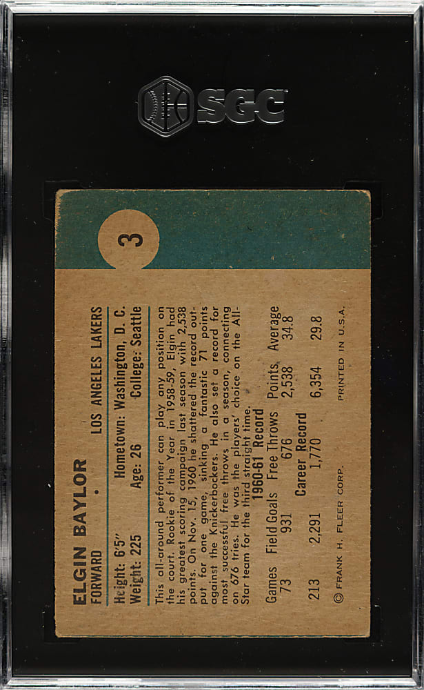 1961-1962 Fleer Basketball #3 Elgin Baylor Rookie SGC VG/EX 4
